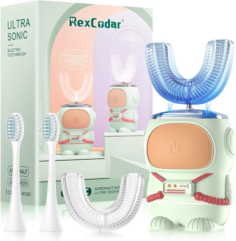 RexCodar فرشاة أسنان كهربائية للأطفال بشكل U بالموجات فوق الصوتية، مقاومة للماء IPX7، خمسة أوضاع تنظيف، رائد فضاء كرتوني، تذكير ذكي لمدة 60 ثانية (2-6 سنوات (أخضر)) - Image 1